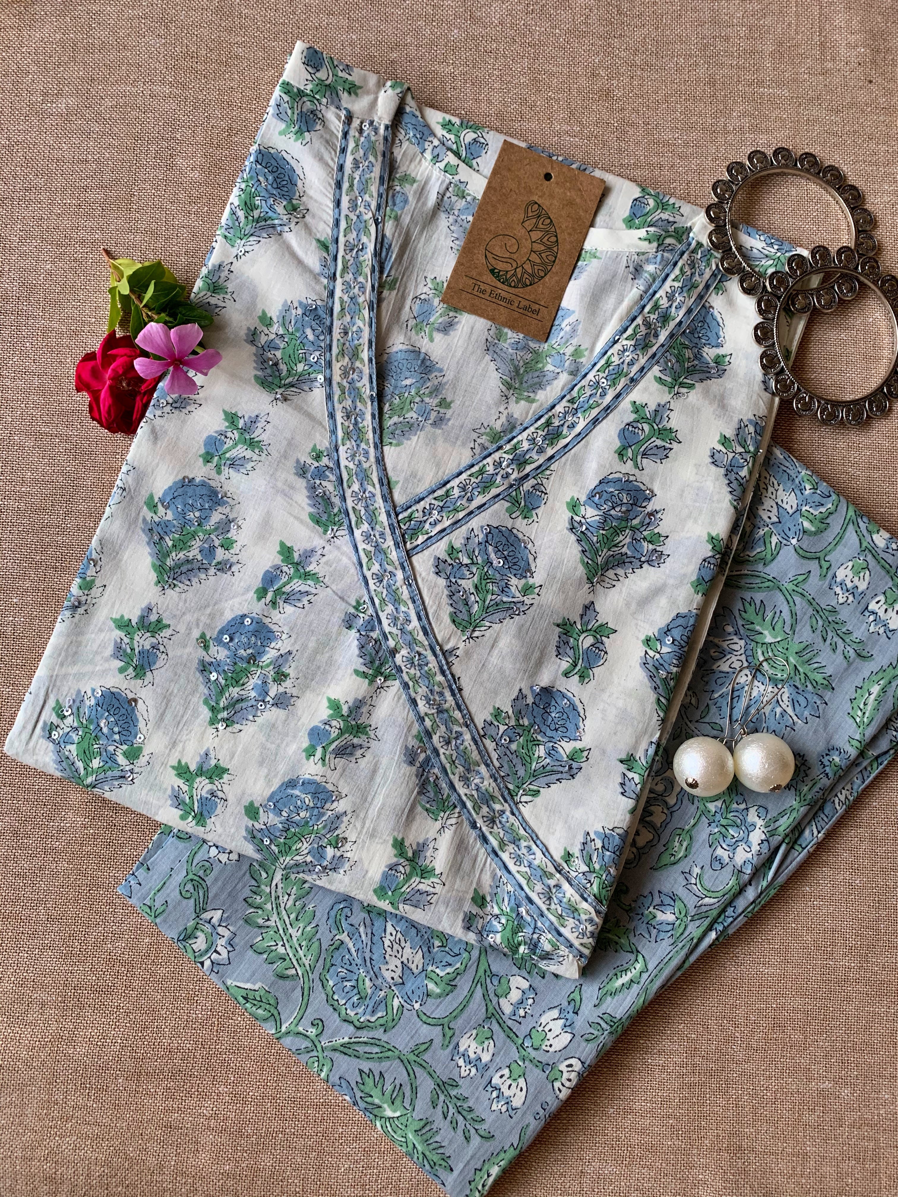 White Blue "Aasman" Angrakha Cotton Kurta Set - 2 pc
