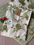 Cream Mehendi "Gold" Cotton Kurta Set with Dupatta - 3 pc