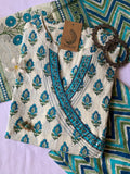 Firozi Boota Angrakha Cotton Kurta Set with dupatta - 3 pc